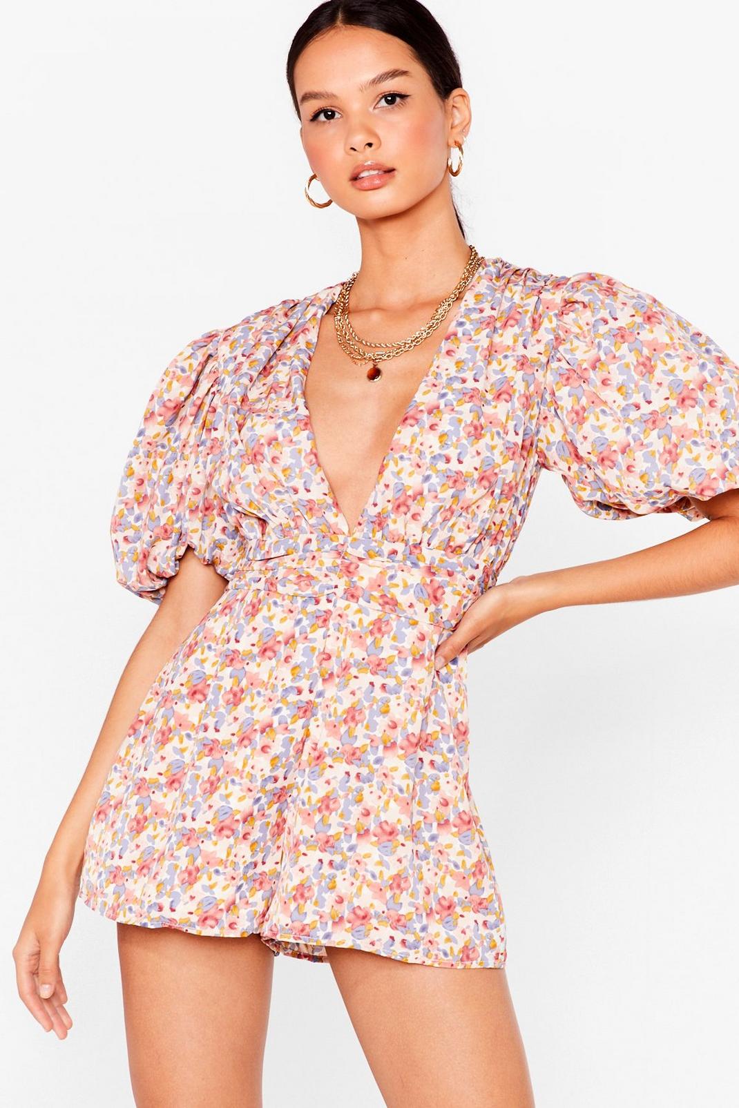 Blue floral puff sleeve playsuit image number 1