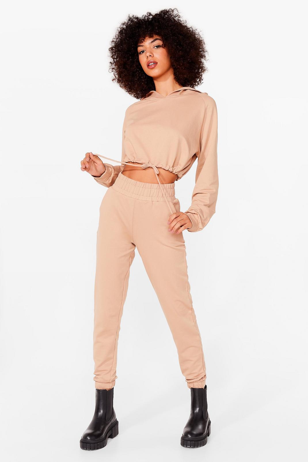 Camel Drawstring Cropped Hoodie And Tracksuit Pants Set image number 1