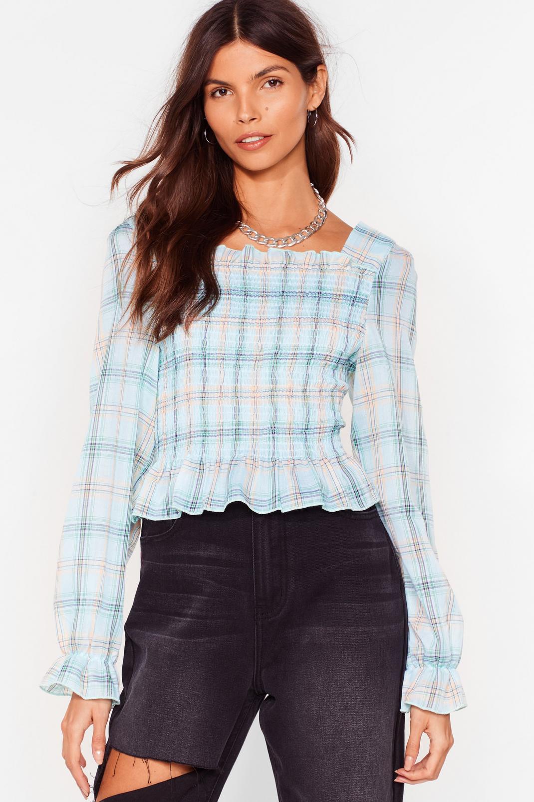 Mint As if Shirred Check Blouse image number 1