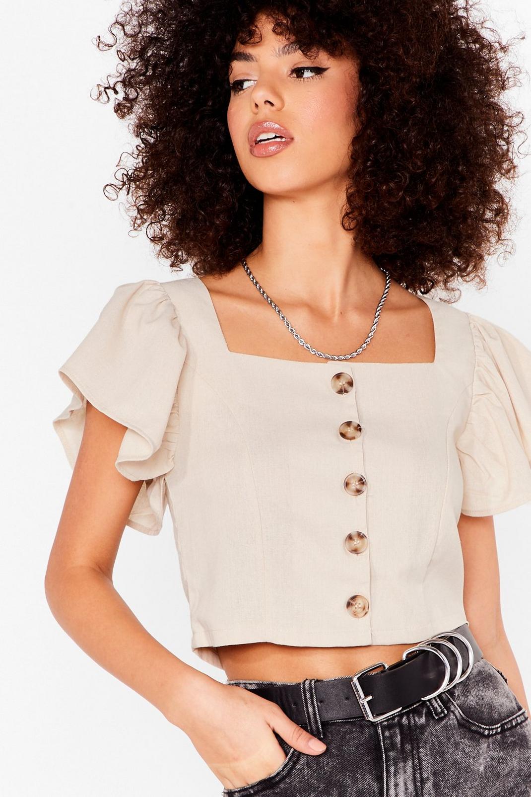 Cropped Button Up Square Neck Blouse