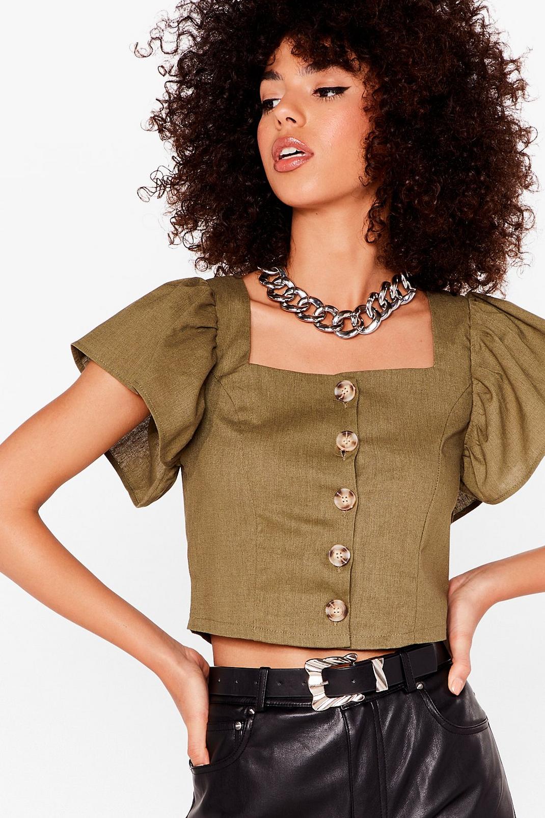 Khaki Cropped Button Up Square Neck Blouse image number 1