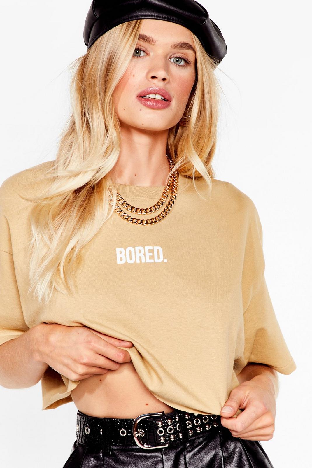 Tan Bored Graphic Oversized Crop T-Shirt image number 1