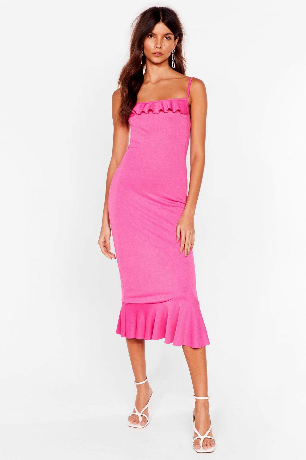 Hot pink Slinky Ruffle Bodycon Midi Dress image number 1