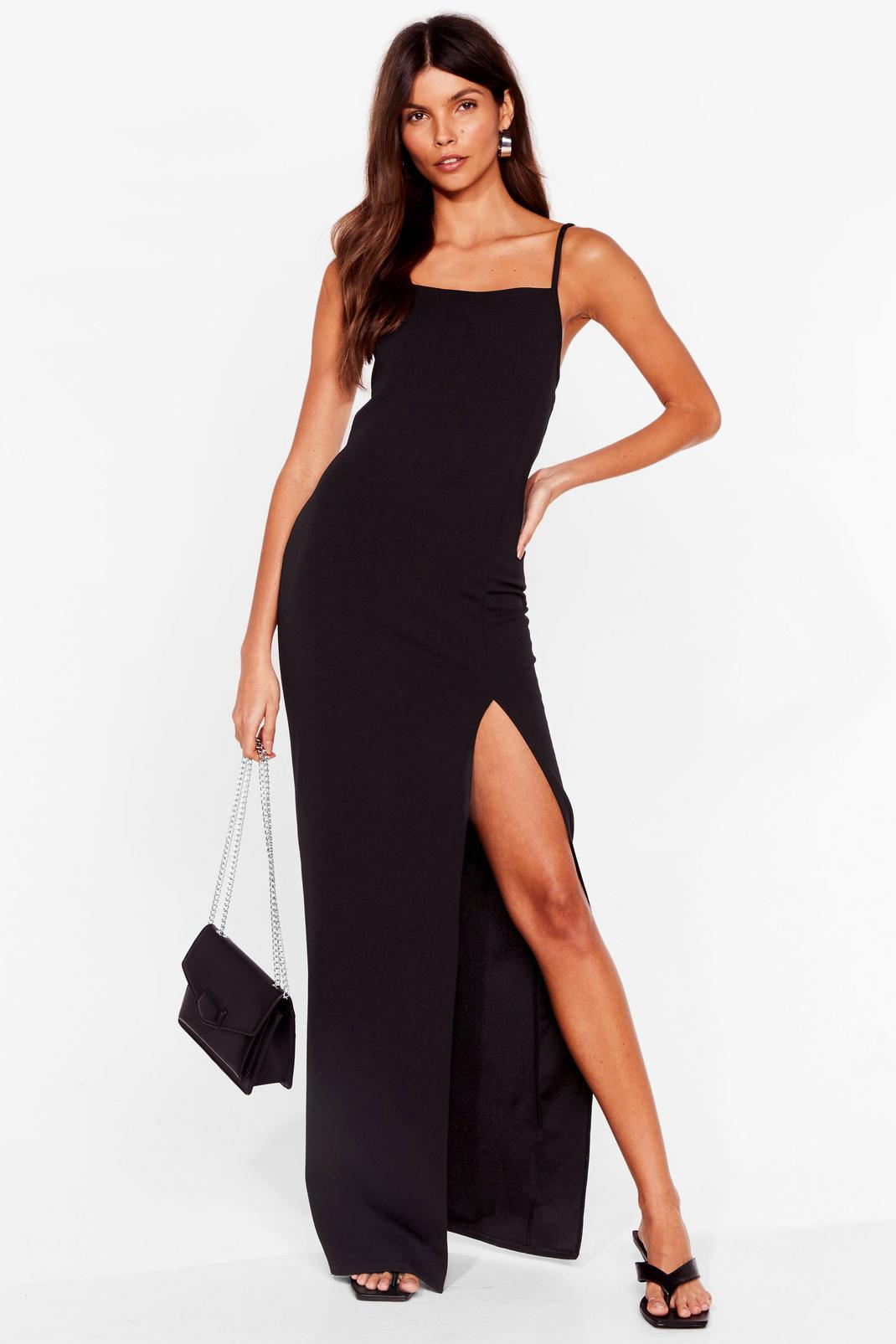 Black Fitted Spaghetti Strap Maxi Slit Dress image number 1