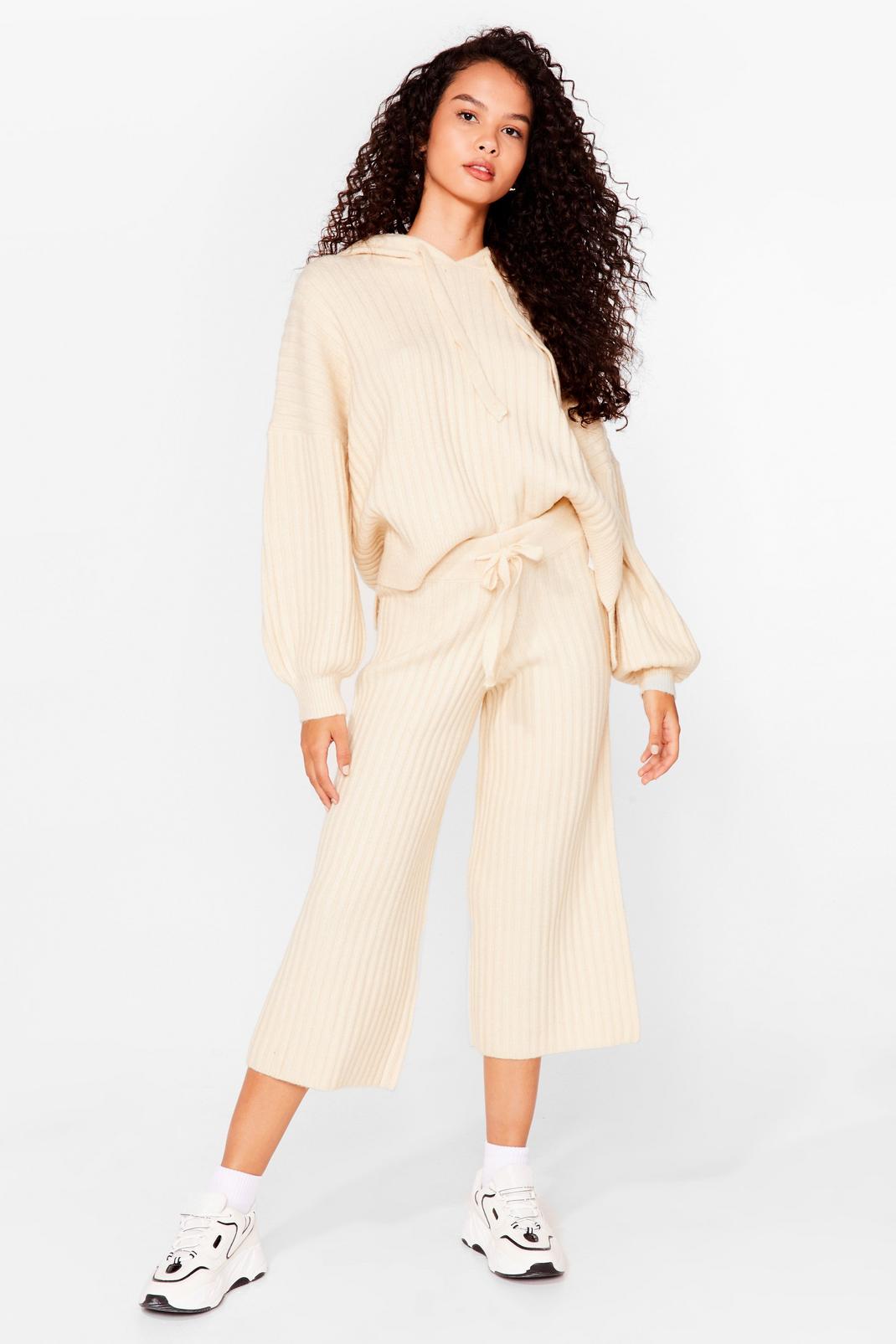 Cream Ribbed Knit Cropped Wide Leg Joggers image number 1