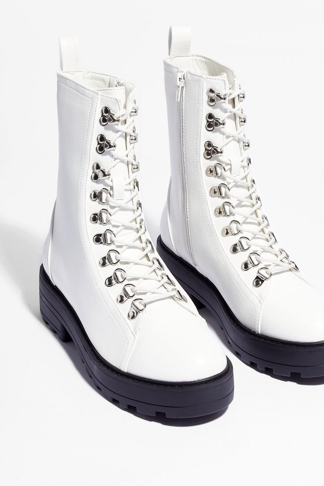 White Chunky Eyelet Lace Up Biker Boots image number 1