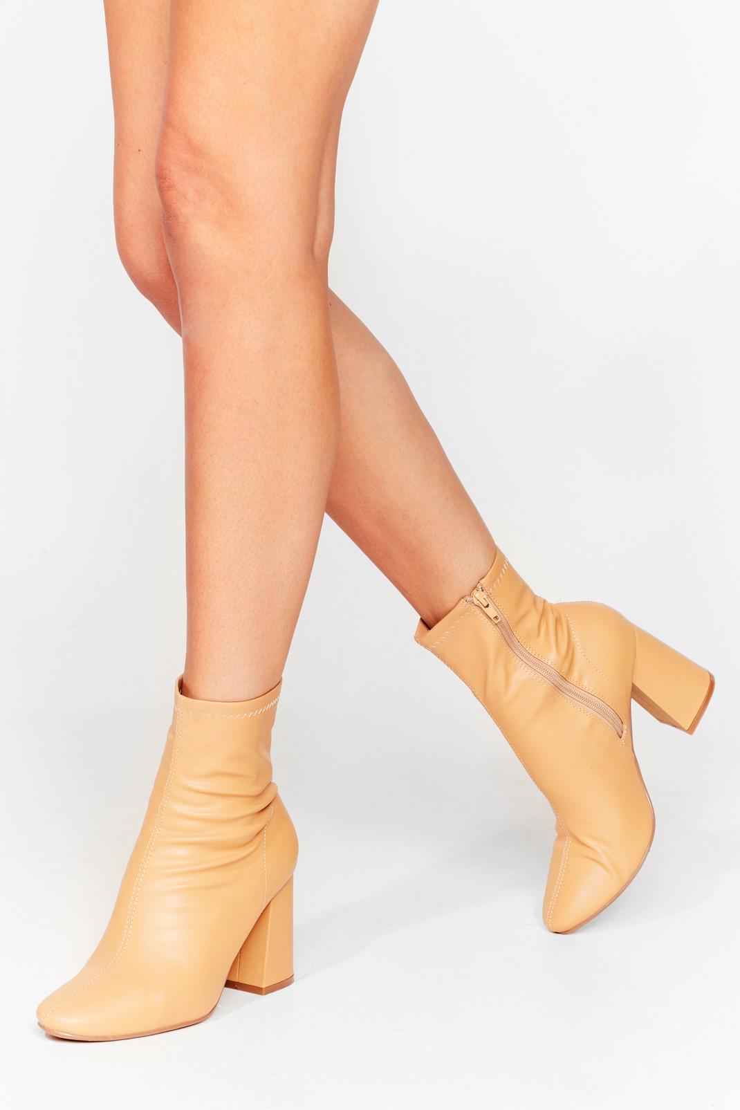 Beige Sock on the Agenda Faux Leather Ankle Boots image number 1