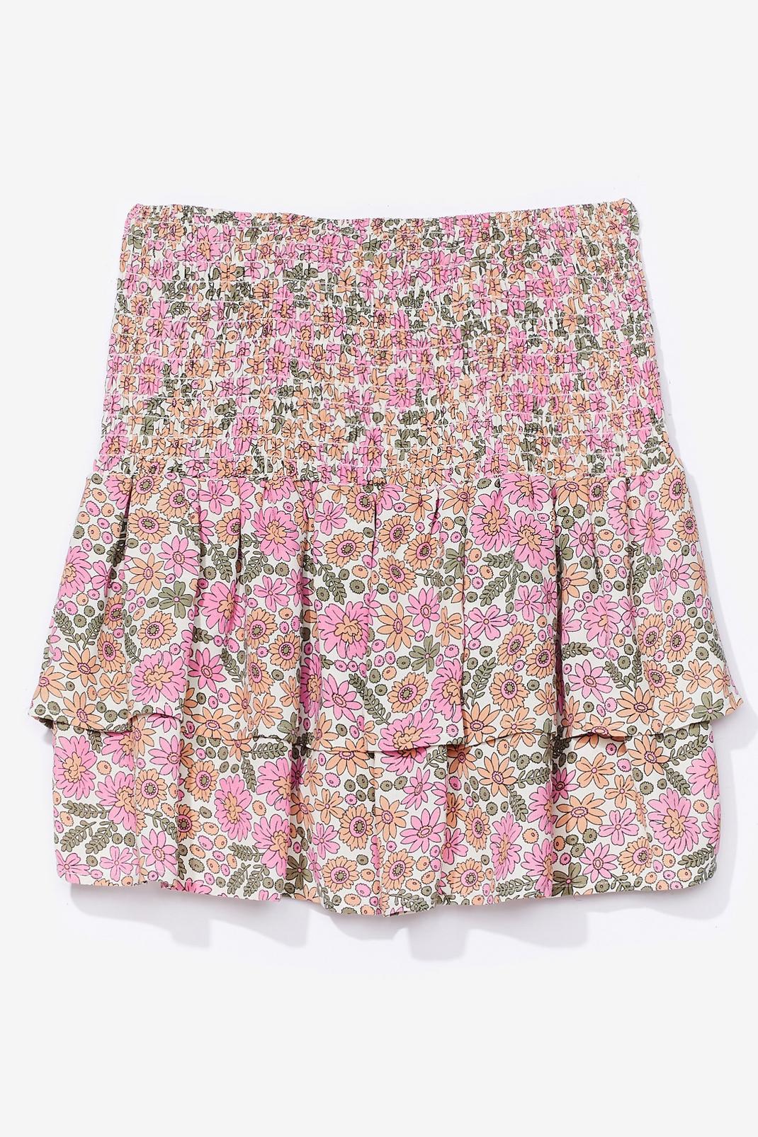 floral shirred ruffle hem mini skirt image number 1