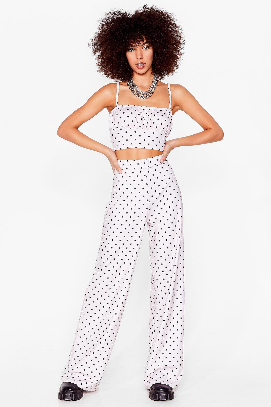 Ivory Polka Dot Crop Top and Wide Leg Trousers Set image number 1