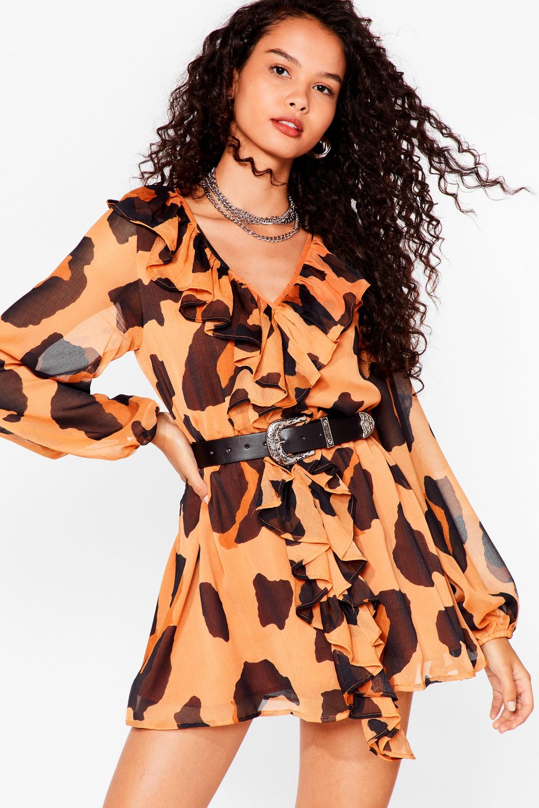 Brown Leopard Print Chiffon Ruffle Mini Dress image number 1