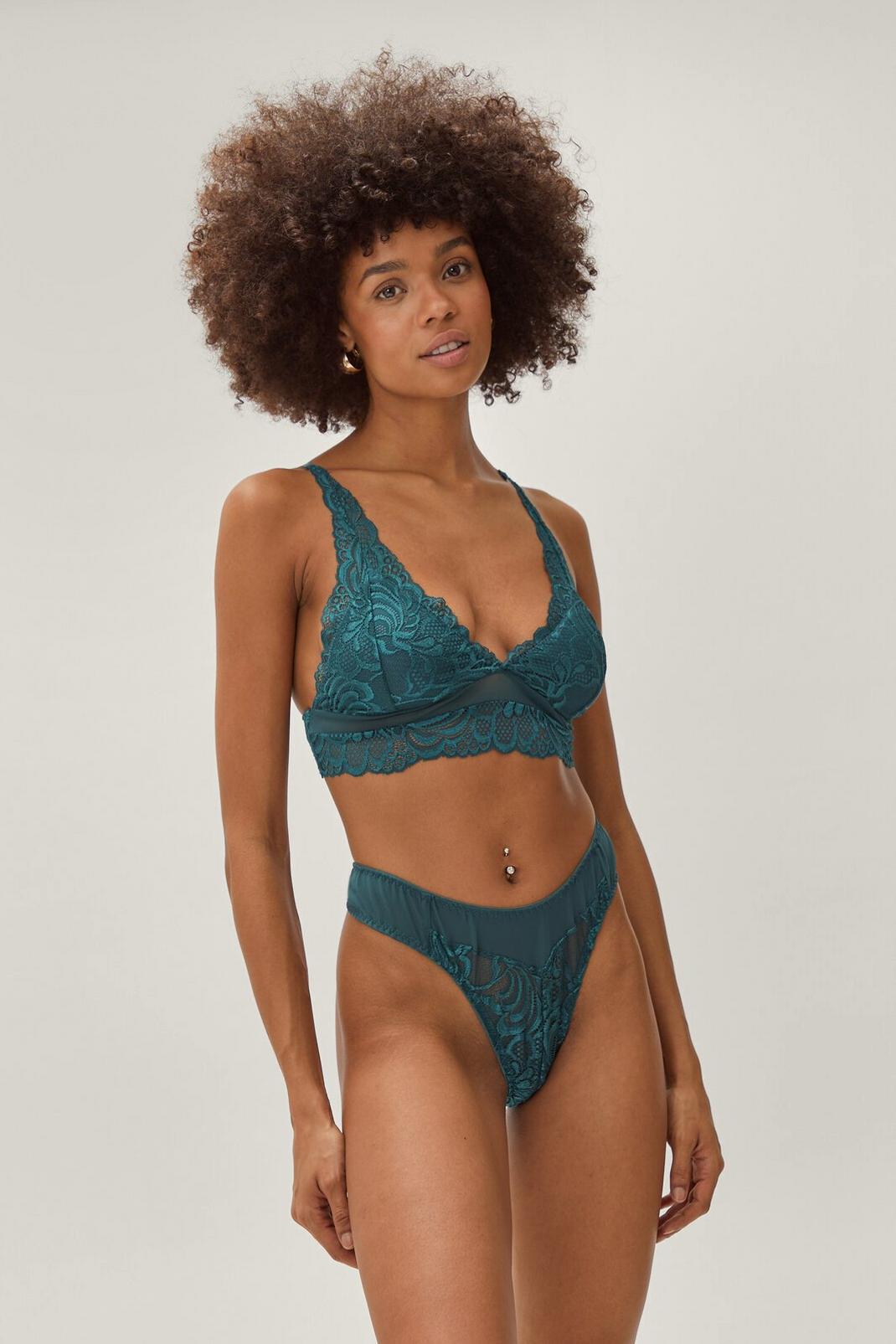 Emerald Lace Stick Together Bralette and Knickers Set image number 1