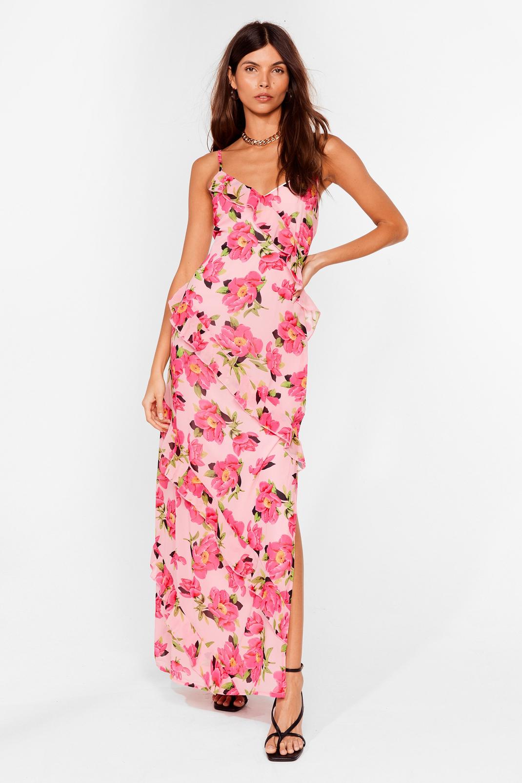 Pink Spaghetti Strap Ruffle Floral Maxi Dress image number 1