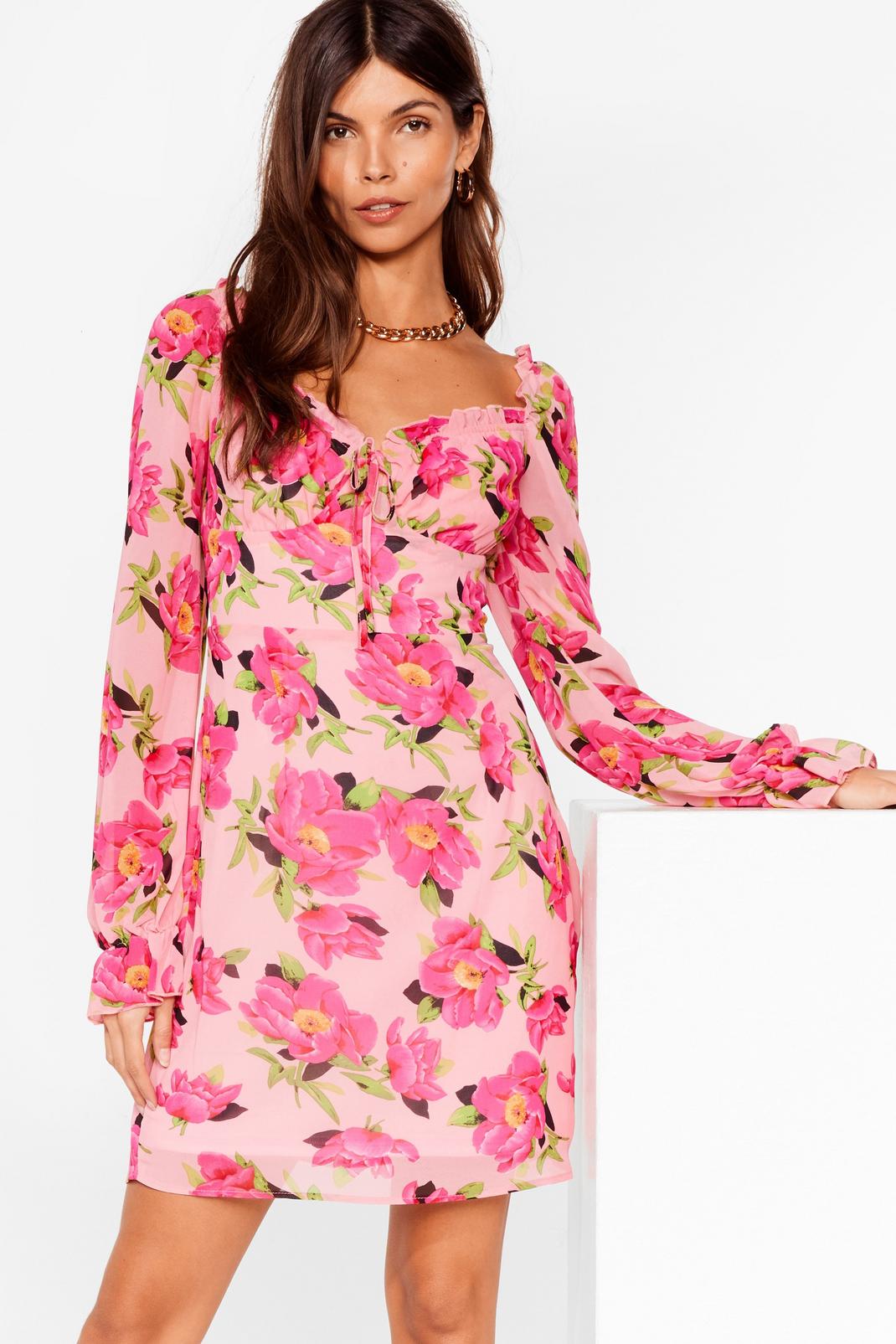 Pink Floral Chiffon Sweetheart Neckline Mini Dress image number 1