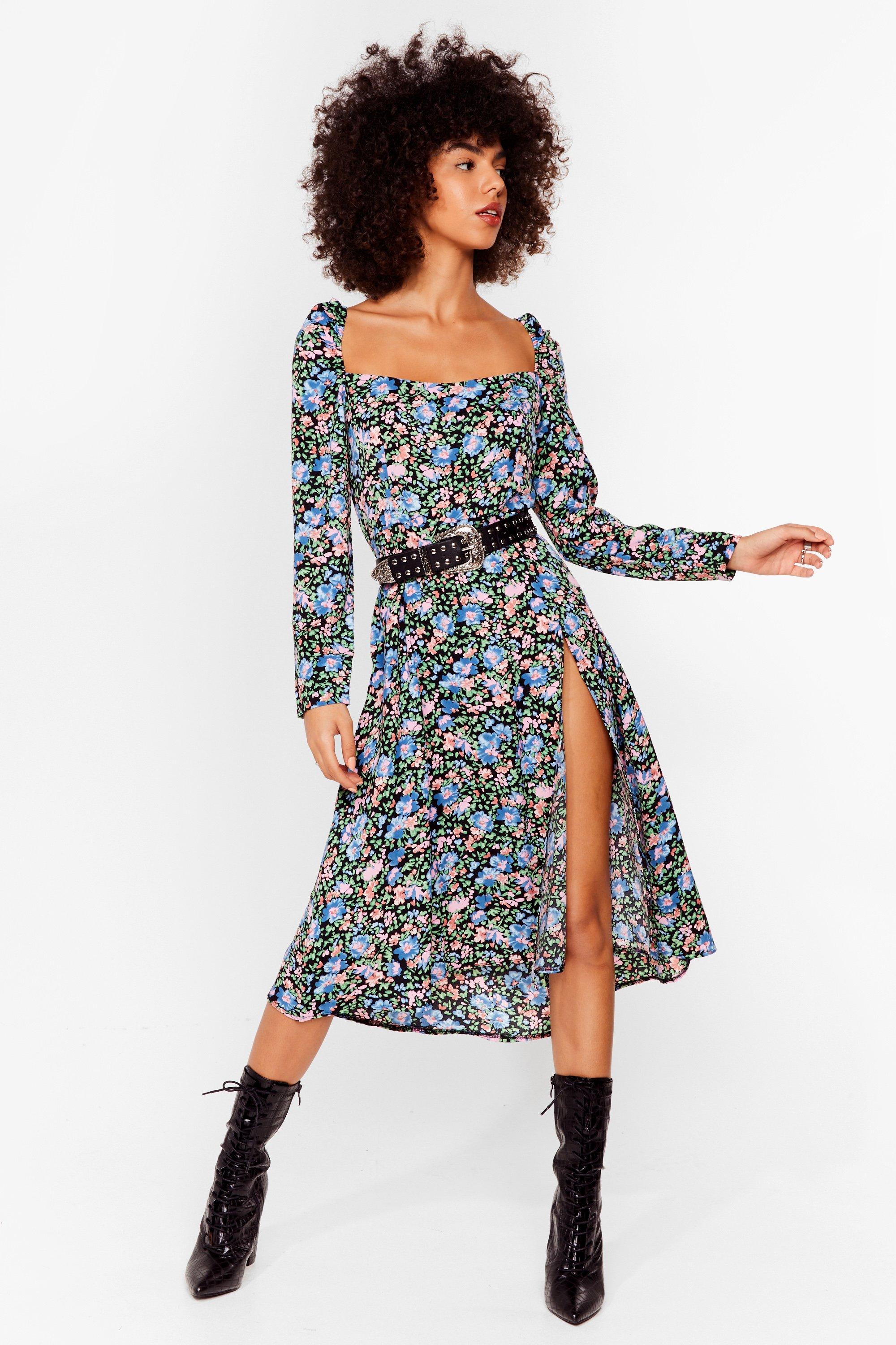 Floral Long Sleeve Midi Slit Dress | Nasty Gal