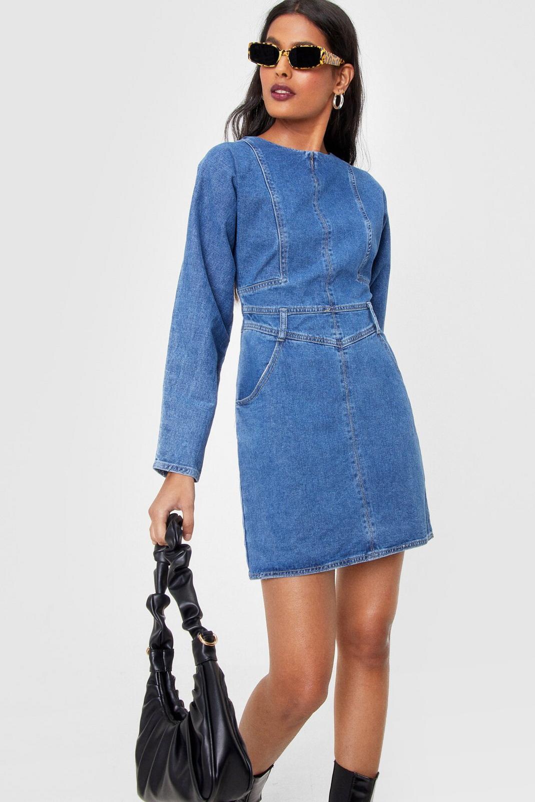Mid blue Acid Wash Denim Long Sleeve Mini Dress image number 1