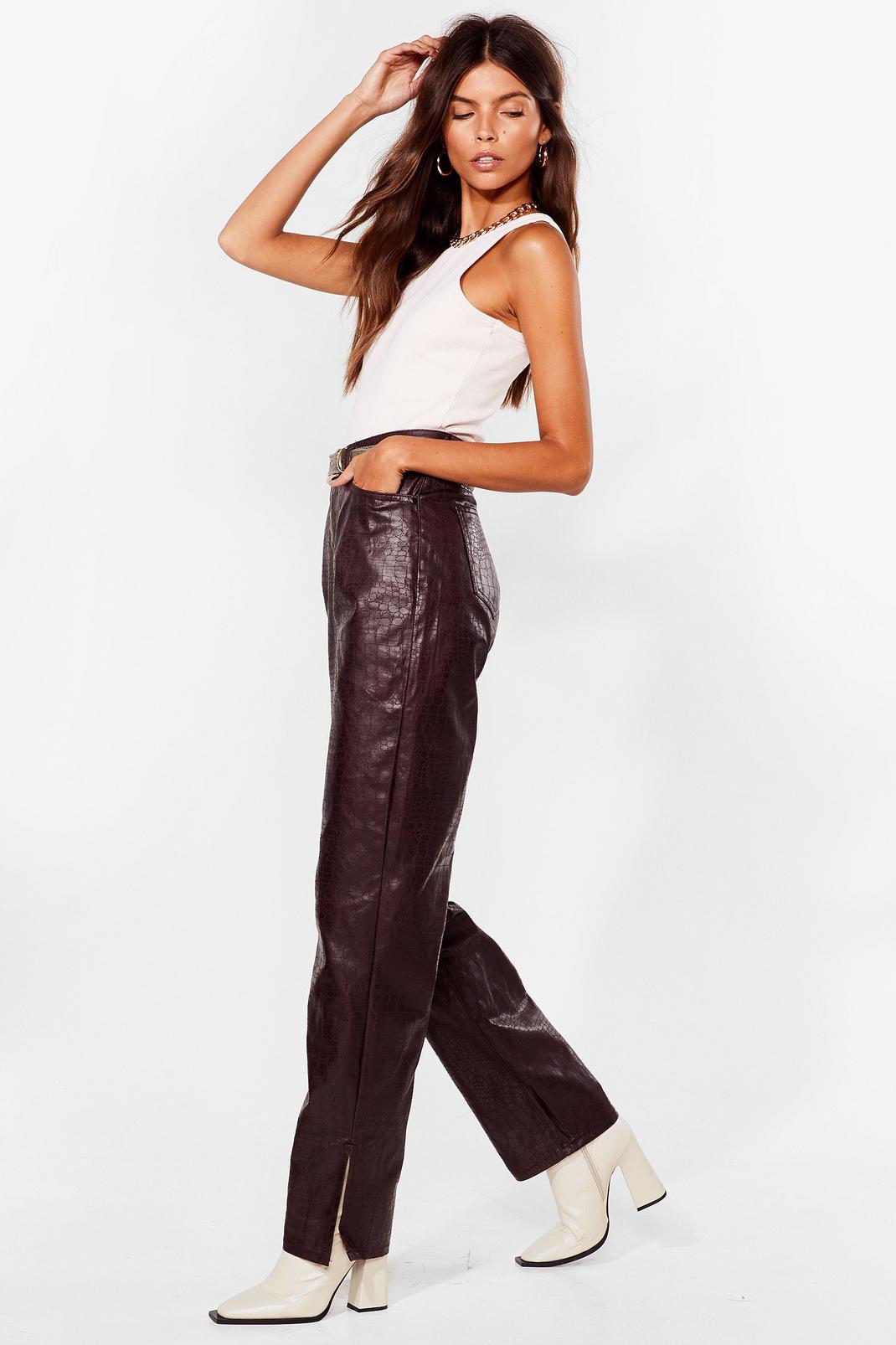 Chocolate Croc Coated Split Hem Relaxed Jeans image number 1