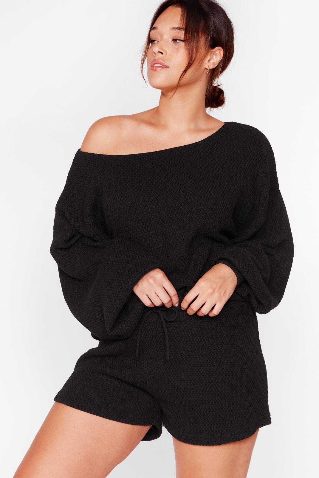Black Plus Size Knitted Top and Shorts Lounge Set image number 1