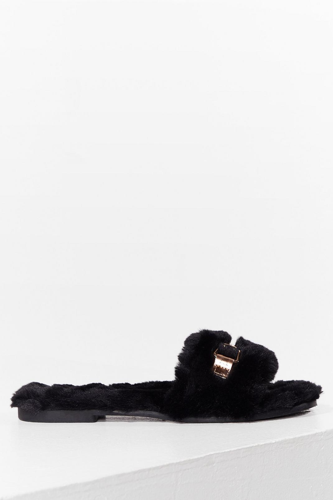 Black As Faux Fur As We Know Buckle Slippers image number 1