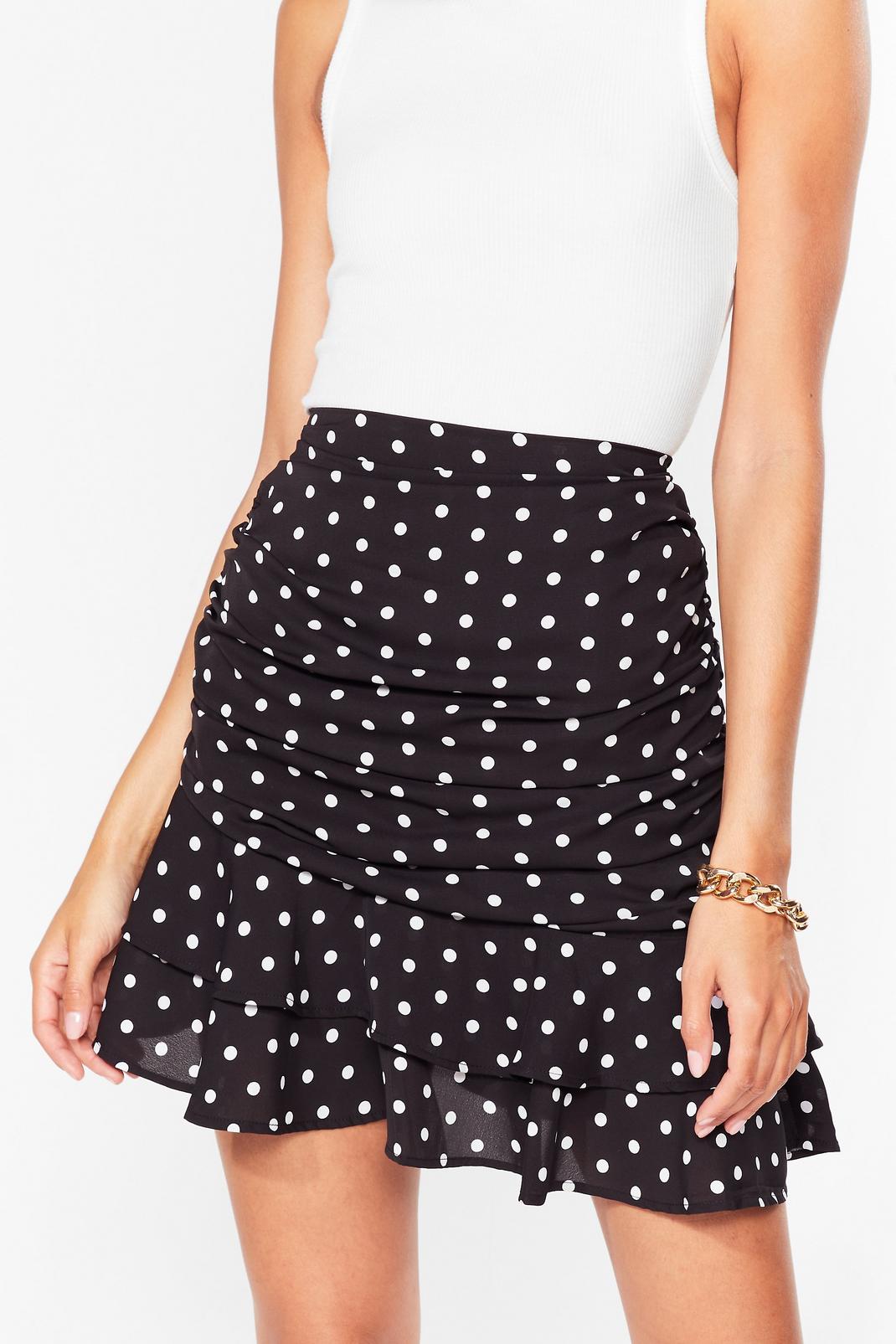 Black Polka Dot Ruched Ruffle Mini Skirt image number 1