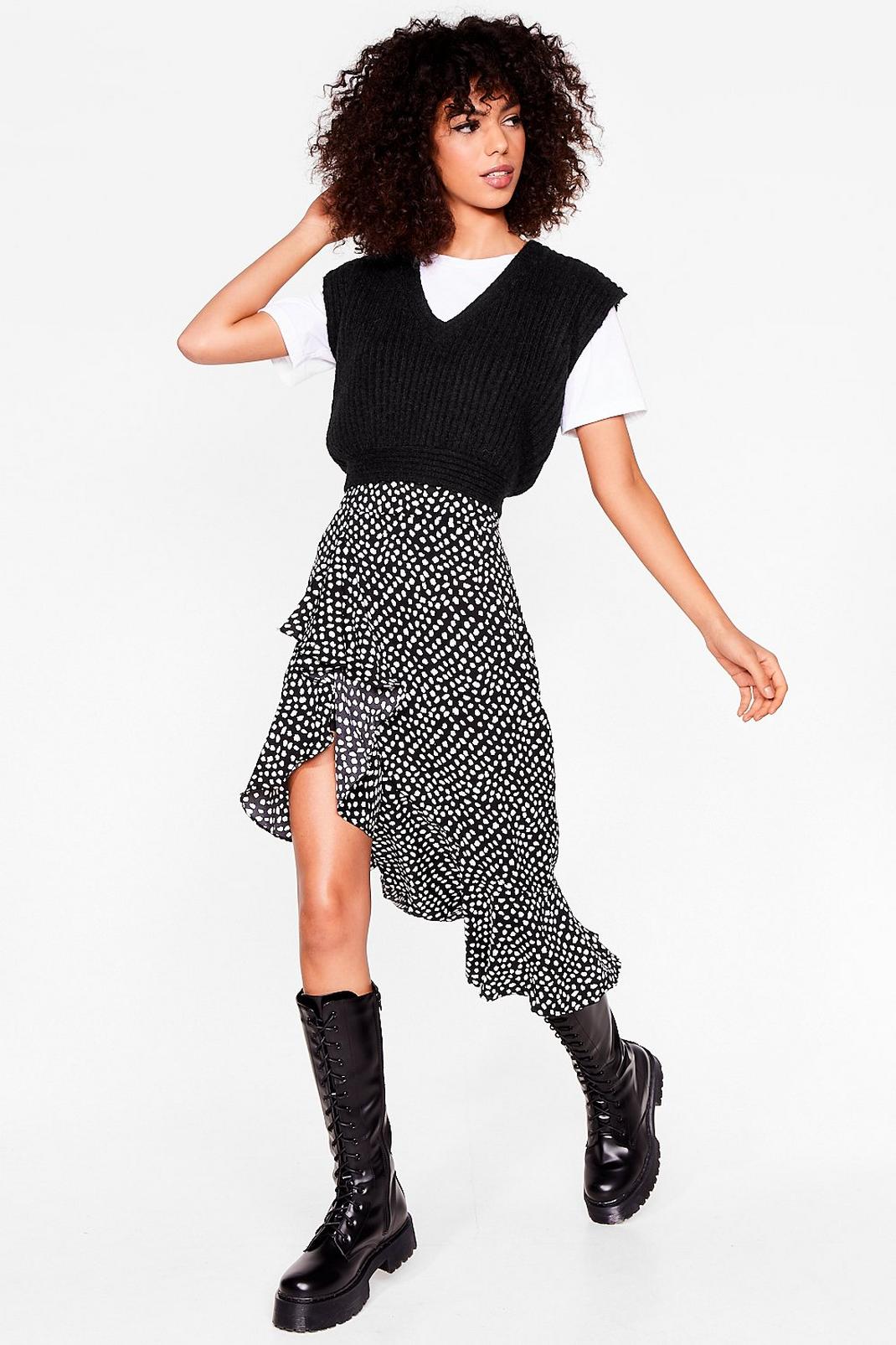 Black Abstract Spot Ruffle Midi Skirt image number 1
