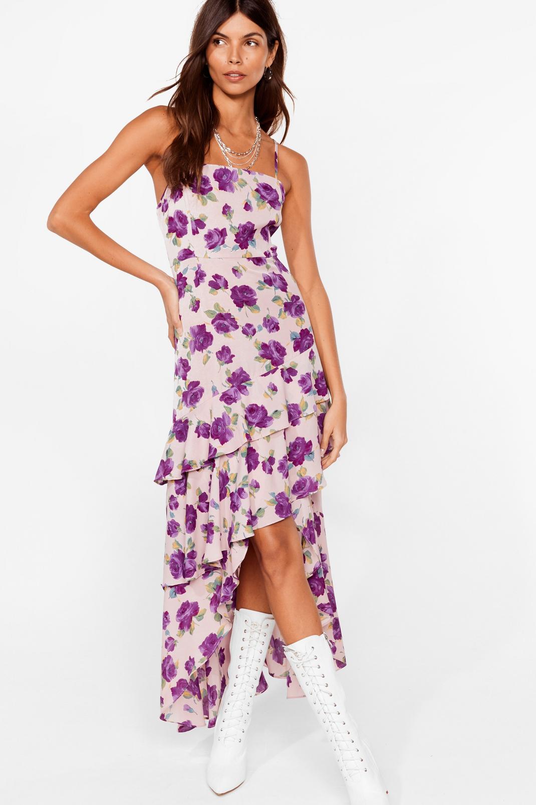 Mauve Floral Spaghetti Strap High Low Dress image number 1