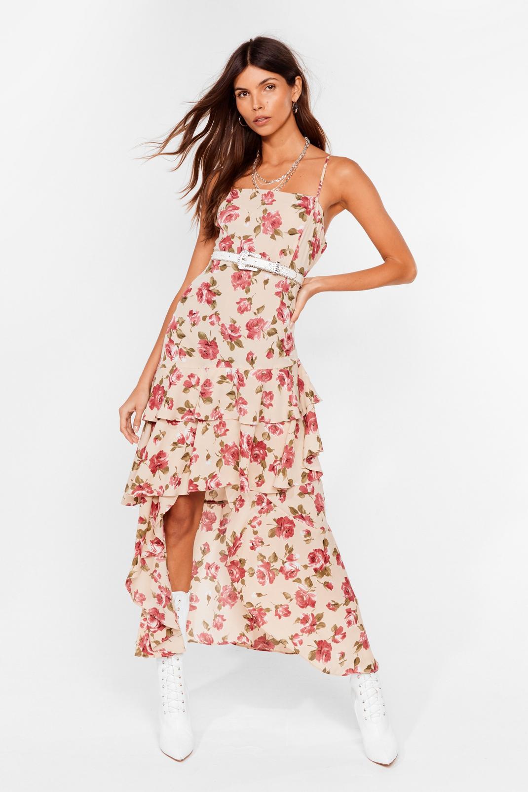 Stone Floral Spaghetti Strap High Low Dress image number 1