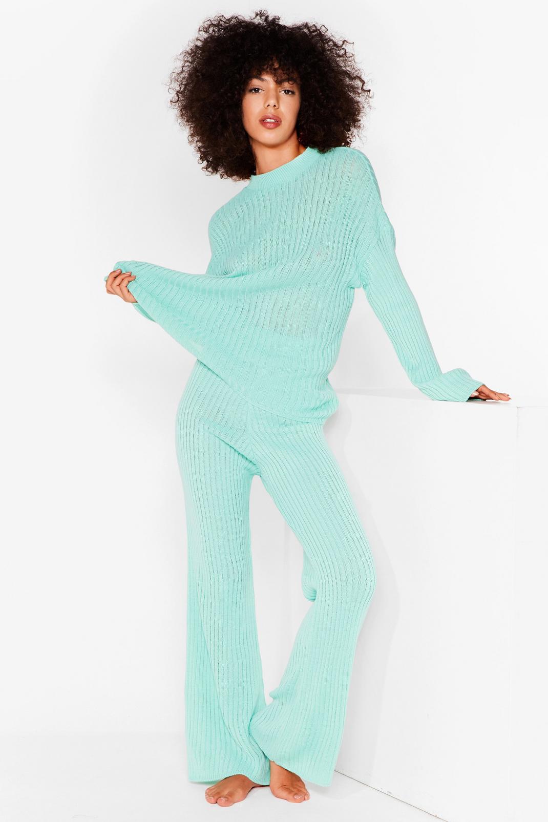 Apple green Ribbed Knit Sweater and Pants Set image number 1