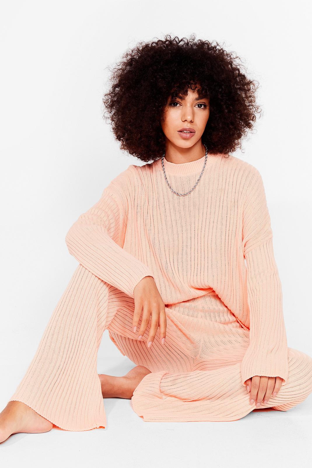 Apricot Ribbed Knit Sweater and Pants Set image number 1