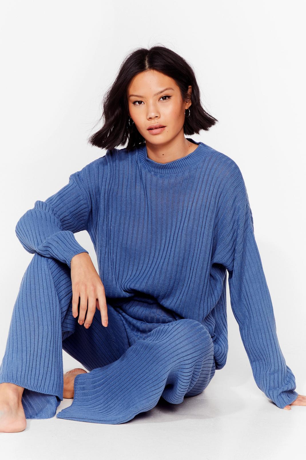 Blue Ribbed Knit Sweater and Pants Set image number 1