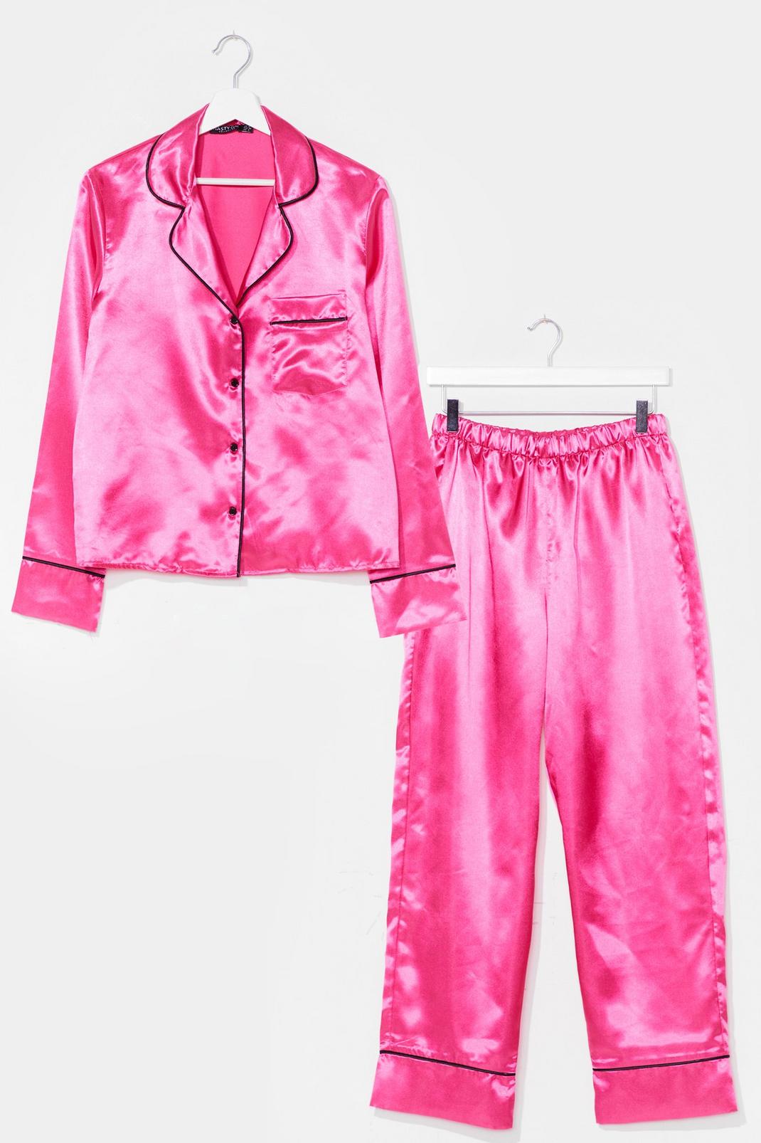 Bright pink Contrast Piping Satin Pajama Set image number 1