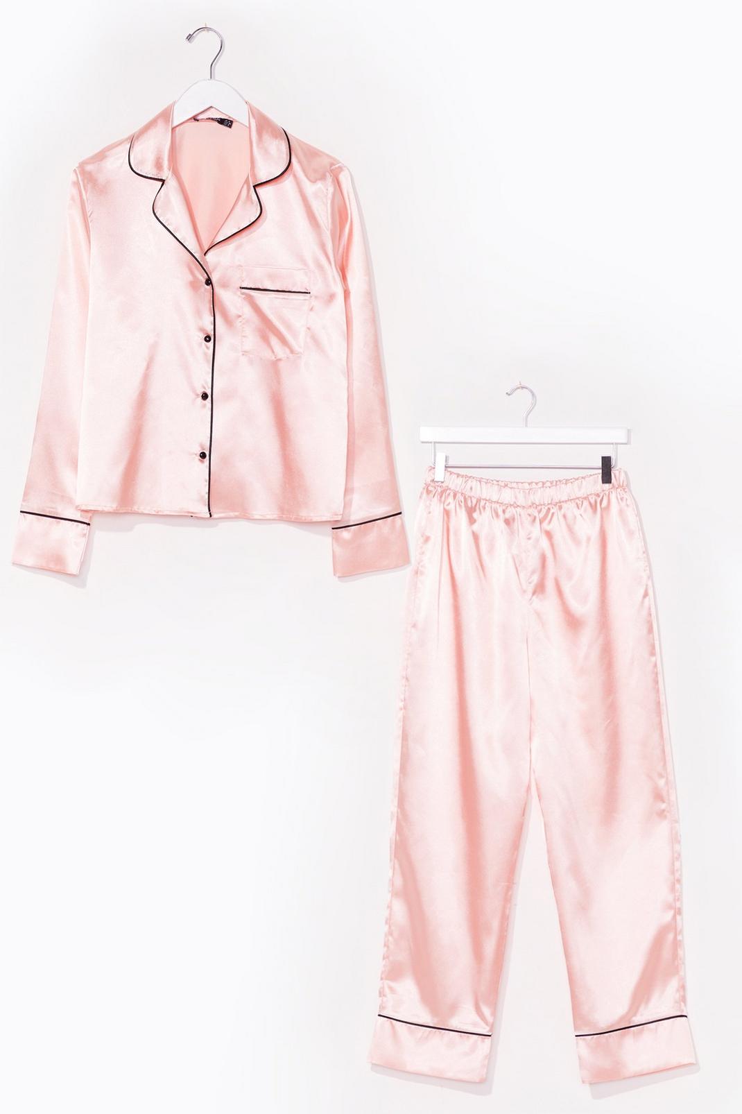 Champagne Contrast Piping Satin Pajama Set image number 1