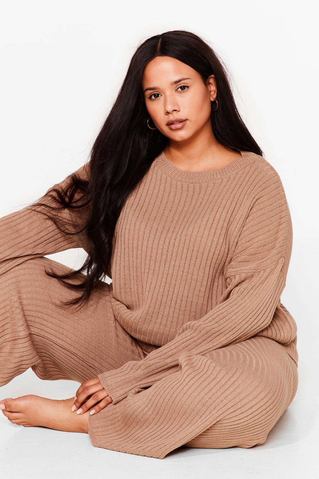 Brown Knit Alone Plus Size Wide-Leg Trousers Lounge Set image number 1