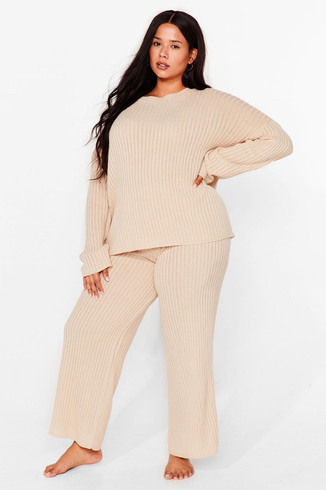 Stone Knit Alone Plus Size Wide-Leg Trousers Lounge Set image number 1