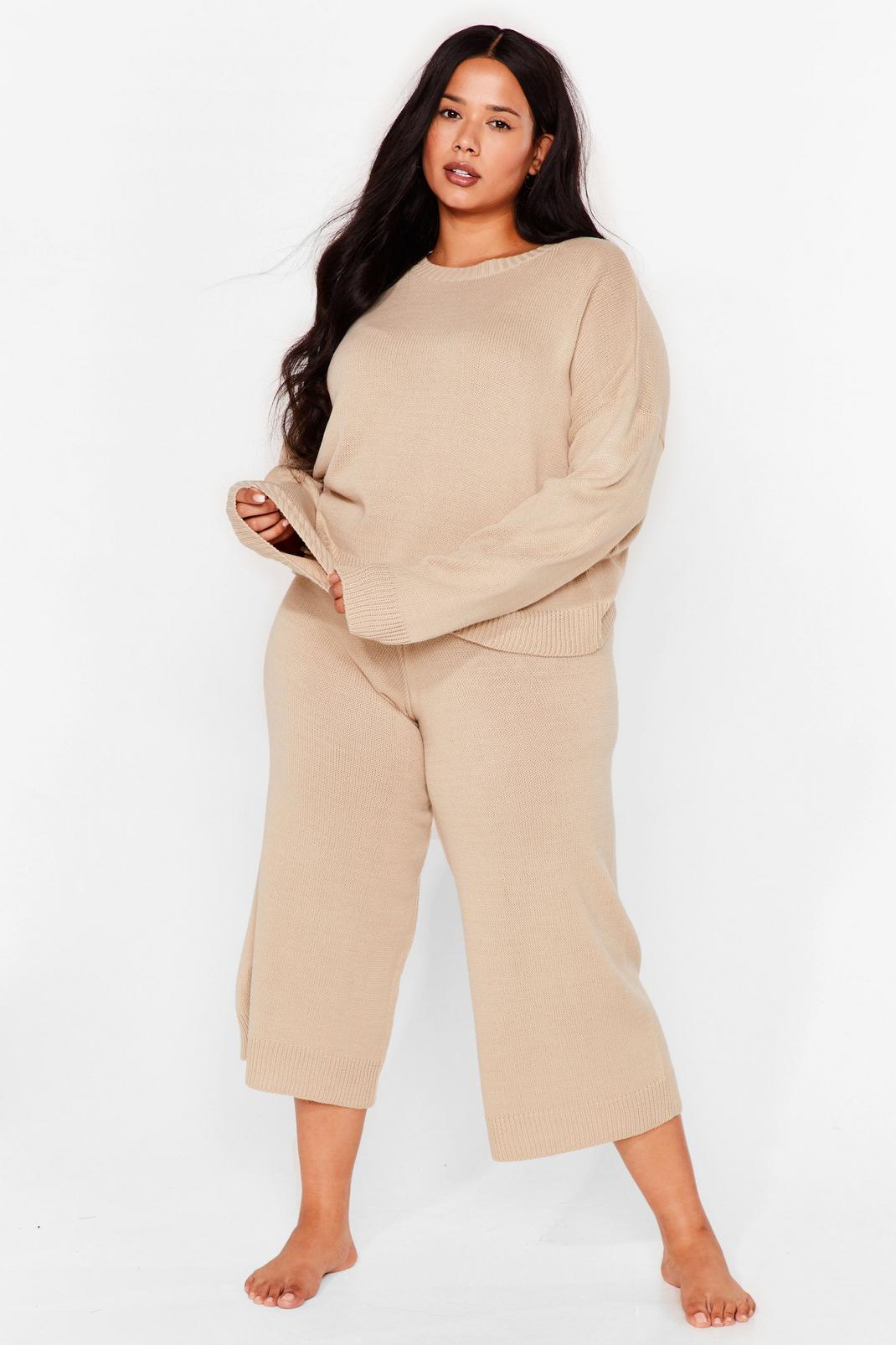 Oatmeal Plus Size Cropped Knitted Loungewear Set image number 1
