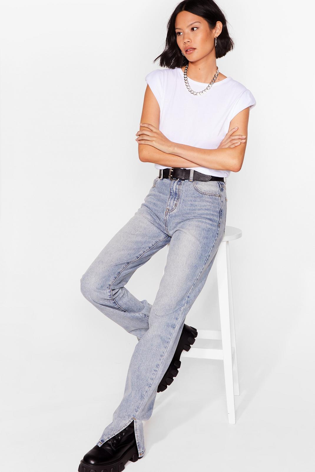 Blue Work Slit Out High-Waisted Straight-Leg Jeans image number 1
