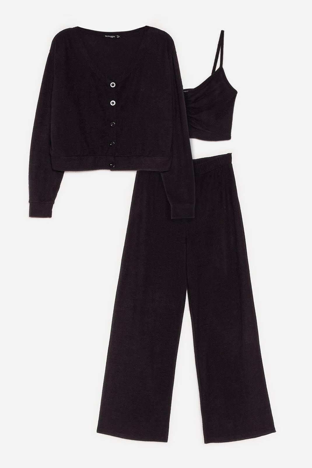 Black Marl Top Cardigan and Trousers Loungewear Set image number 1