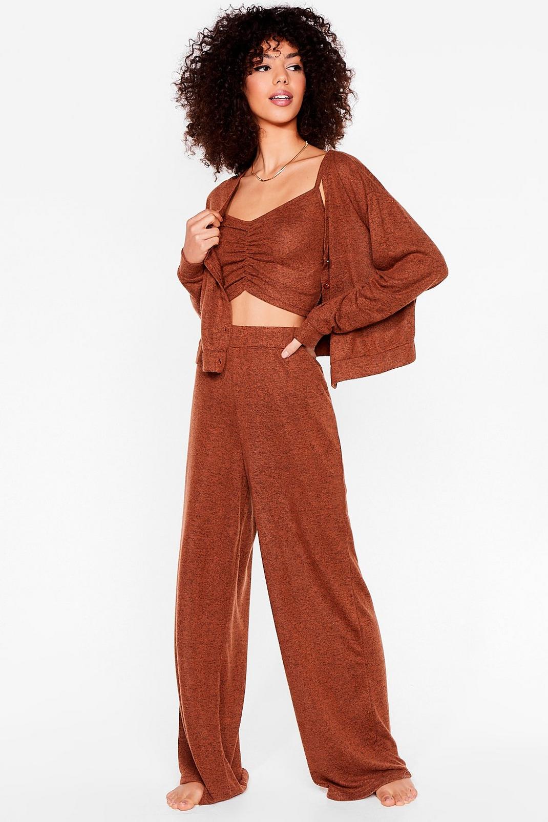 Brown Marl Top Cardigan and Trousers Loungewear Set image number 1