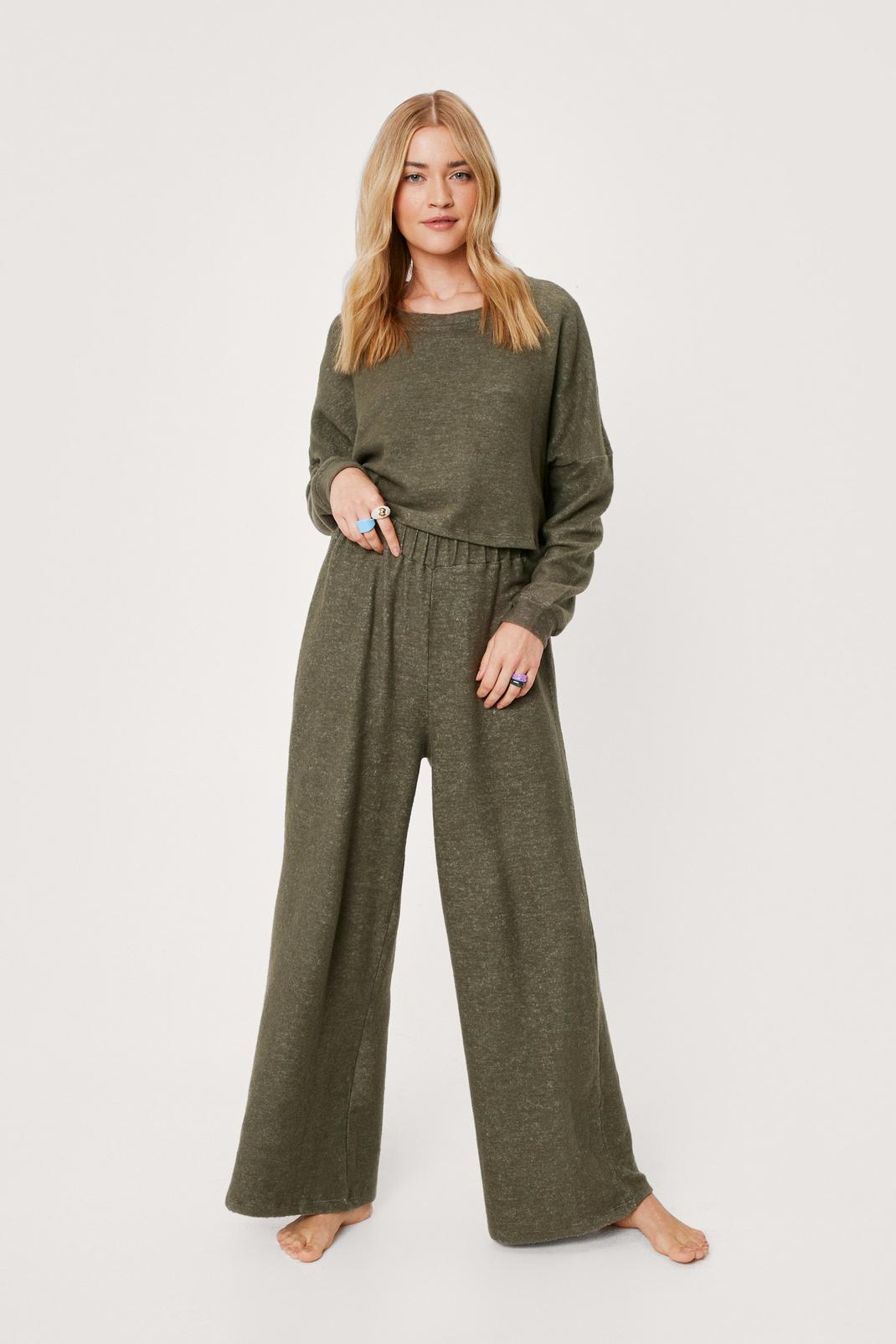 Khaki Brushed Top and Wide Leg Trousers Lounge Set image number 1