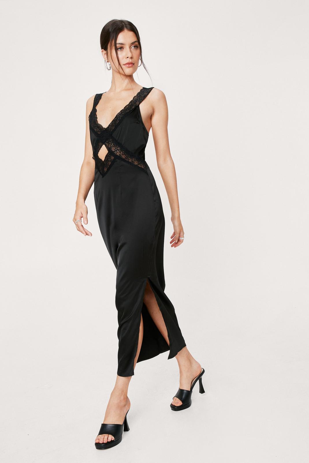 Black Lace Slip Satin Midi Dress image number 1