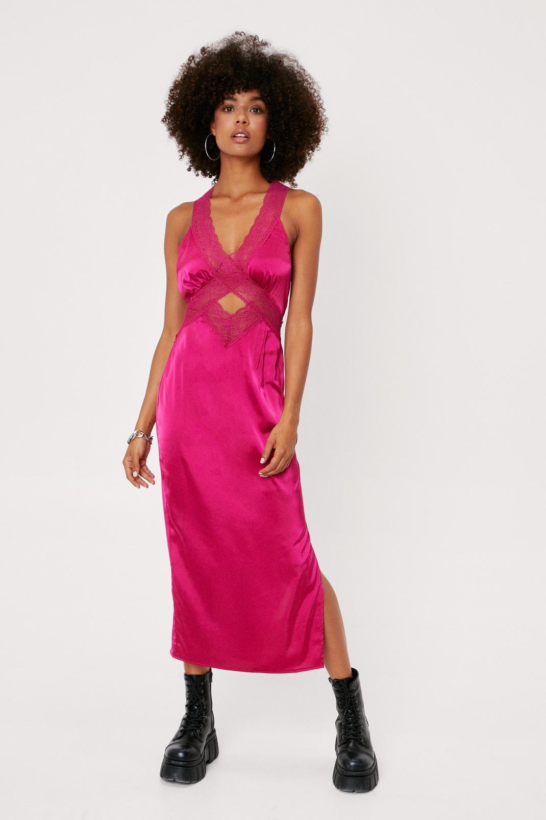 Hot pink Lace Slip Satin Midi Dress image number 1