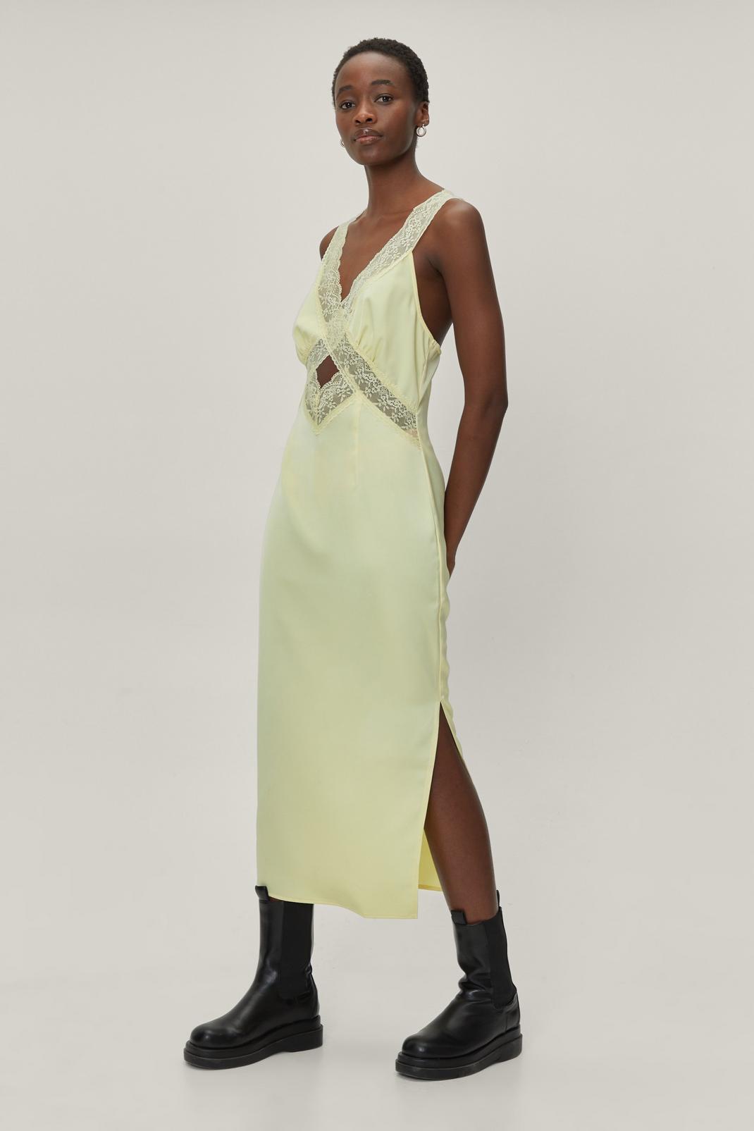 Lemon Lace Slip Satin Midi Dress image number 1