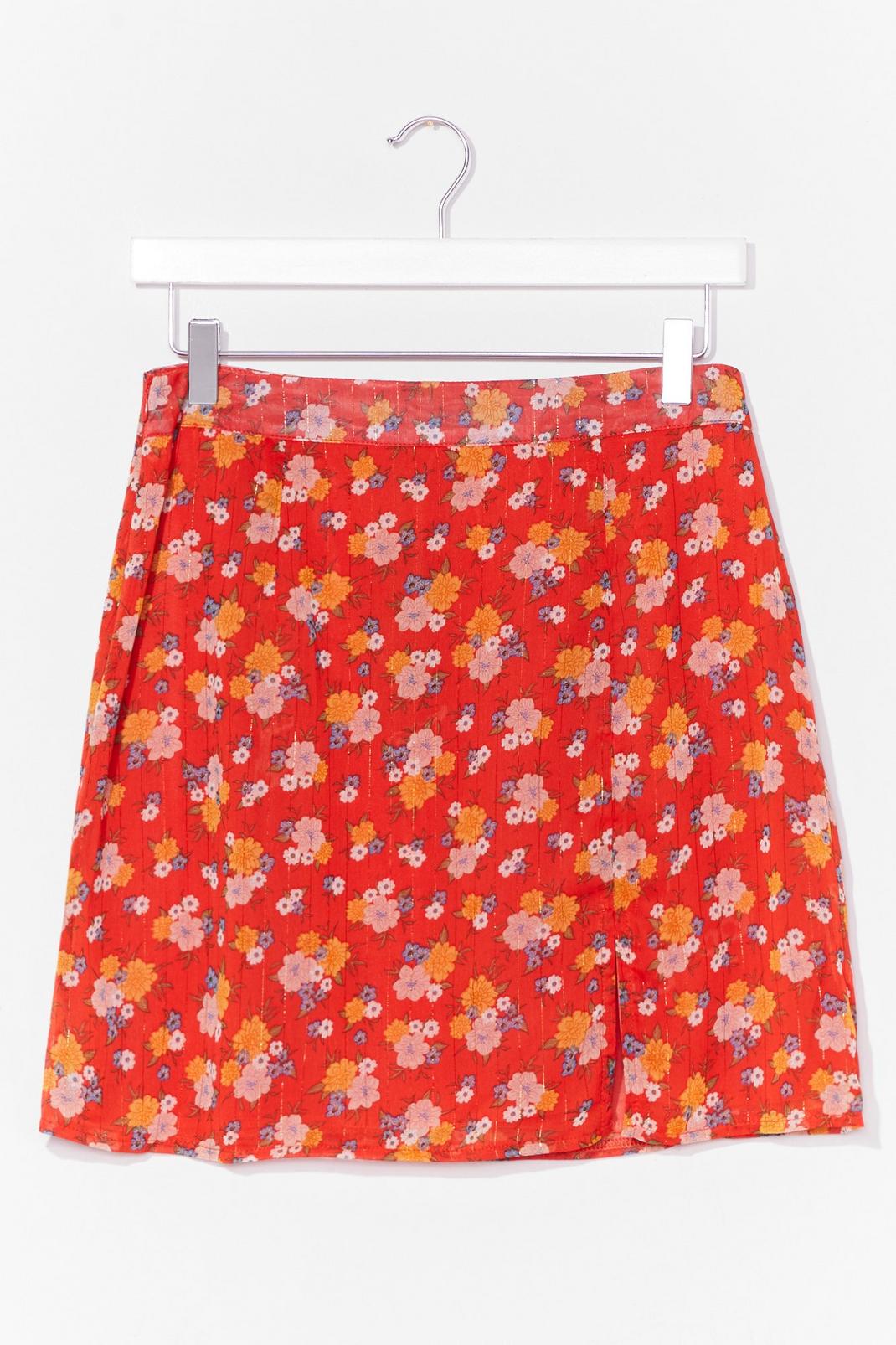 Red floral side split mini skirt image number 1
