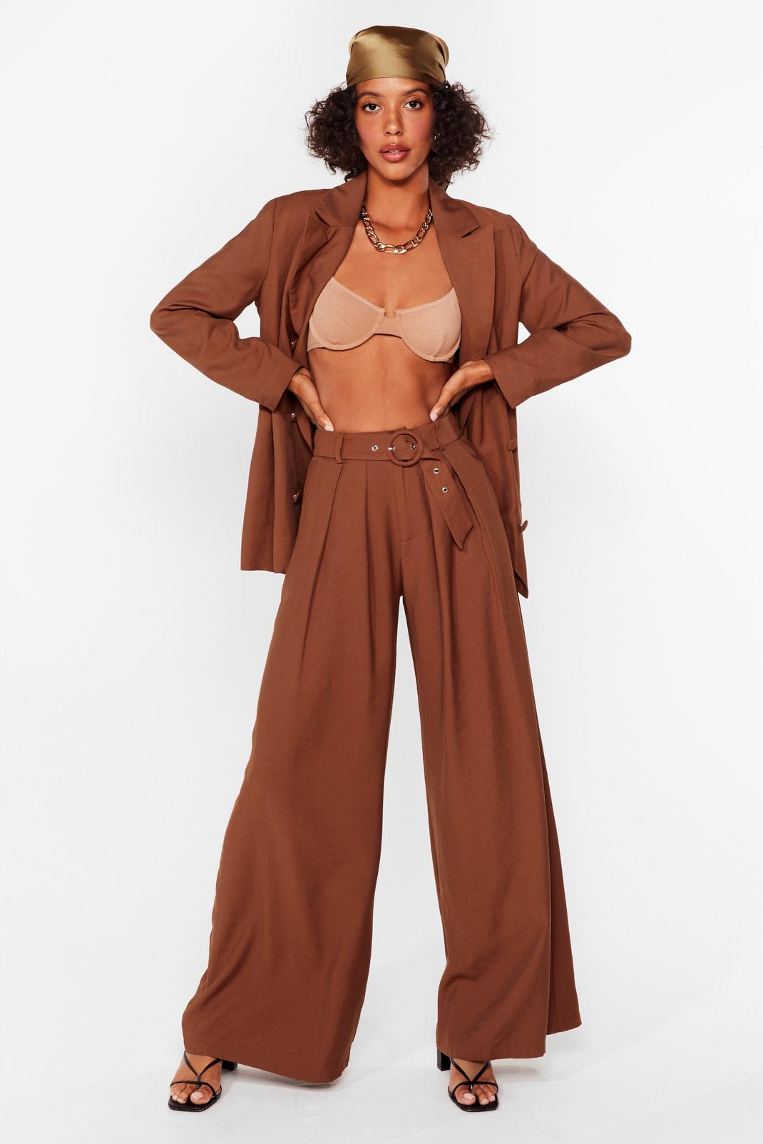 Brown High Waisted Belted Wide Leg Trousers image number 1