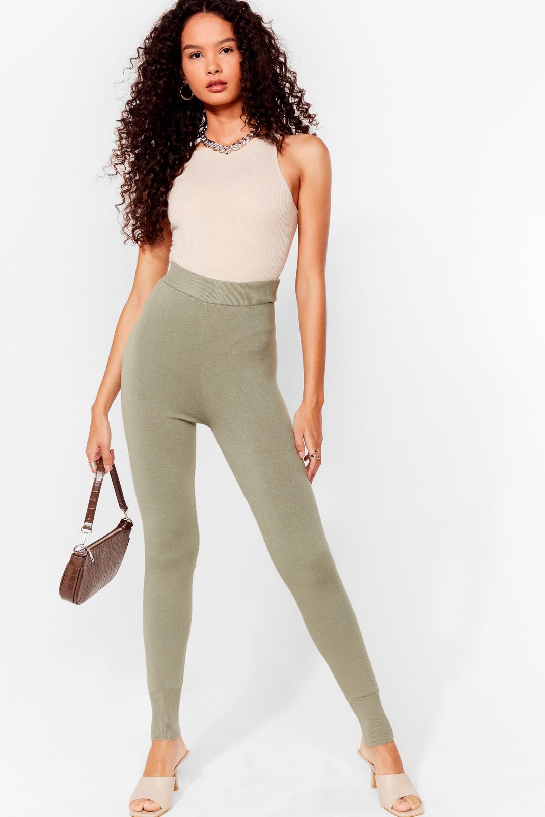 Khaki Fitted Knit High Waisted Joggers image number 1