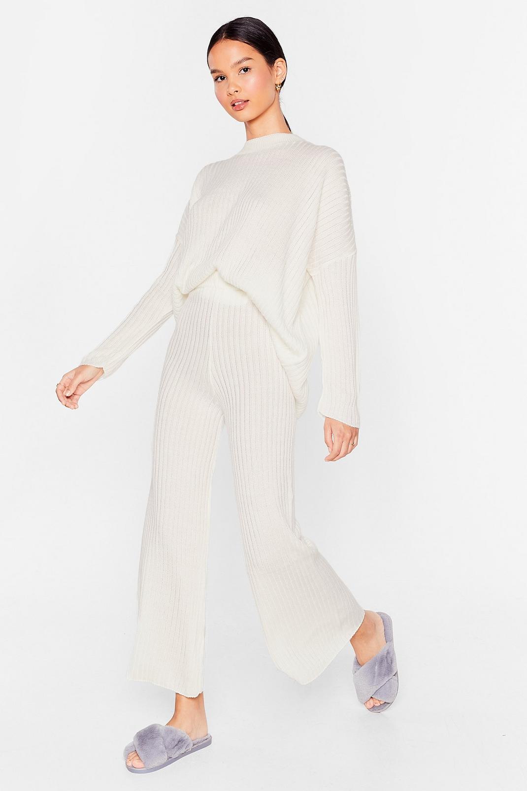 Ecru Ribbed Sweater and Loose Pants Lounge Set image number 1