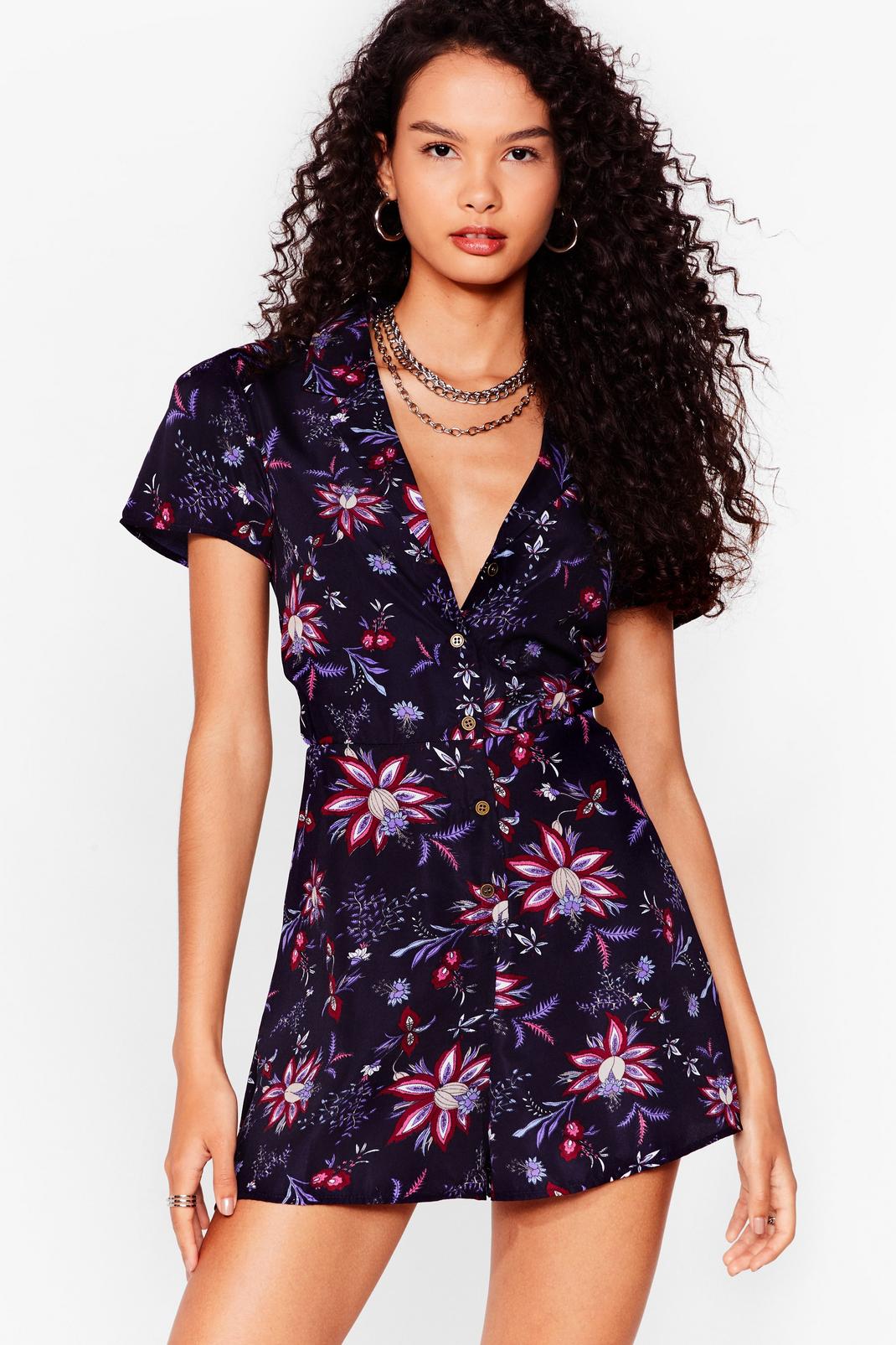Navy We Have Bud News Floral Button-Down Romper image number 1