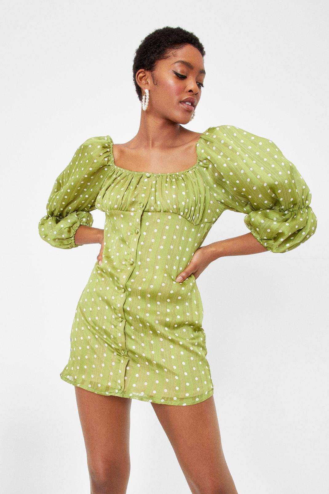 Lime Polka Dot Exaggerated Puff Sleeve Dress image number 1