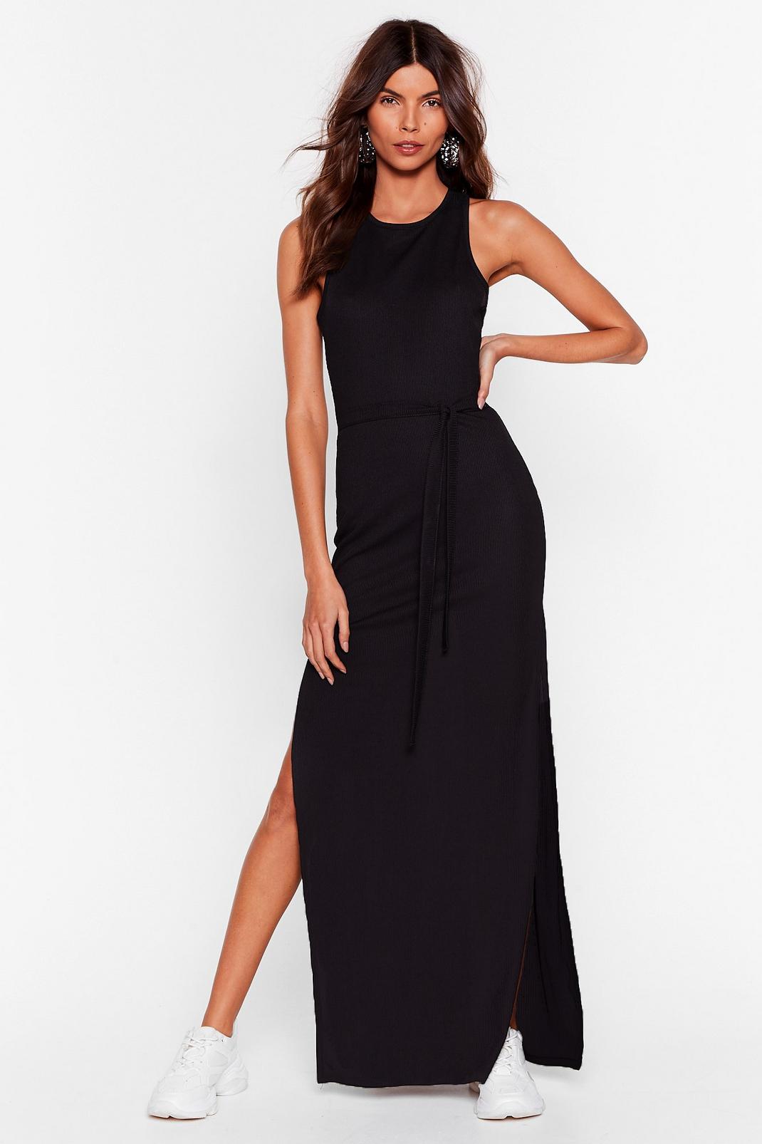 Black Jersey Belted Slit Maxi Dress image number 1
