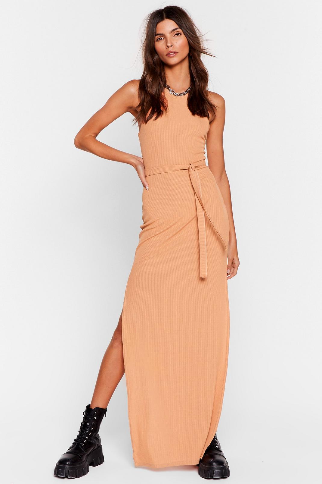 Peach Jersey Belted Slit Maxi Dress image number 1