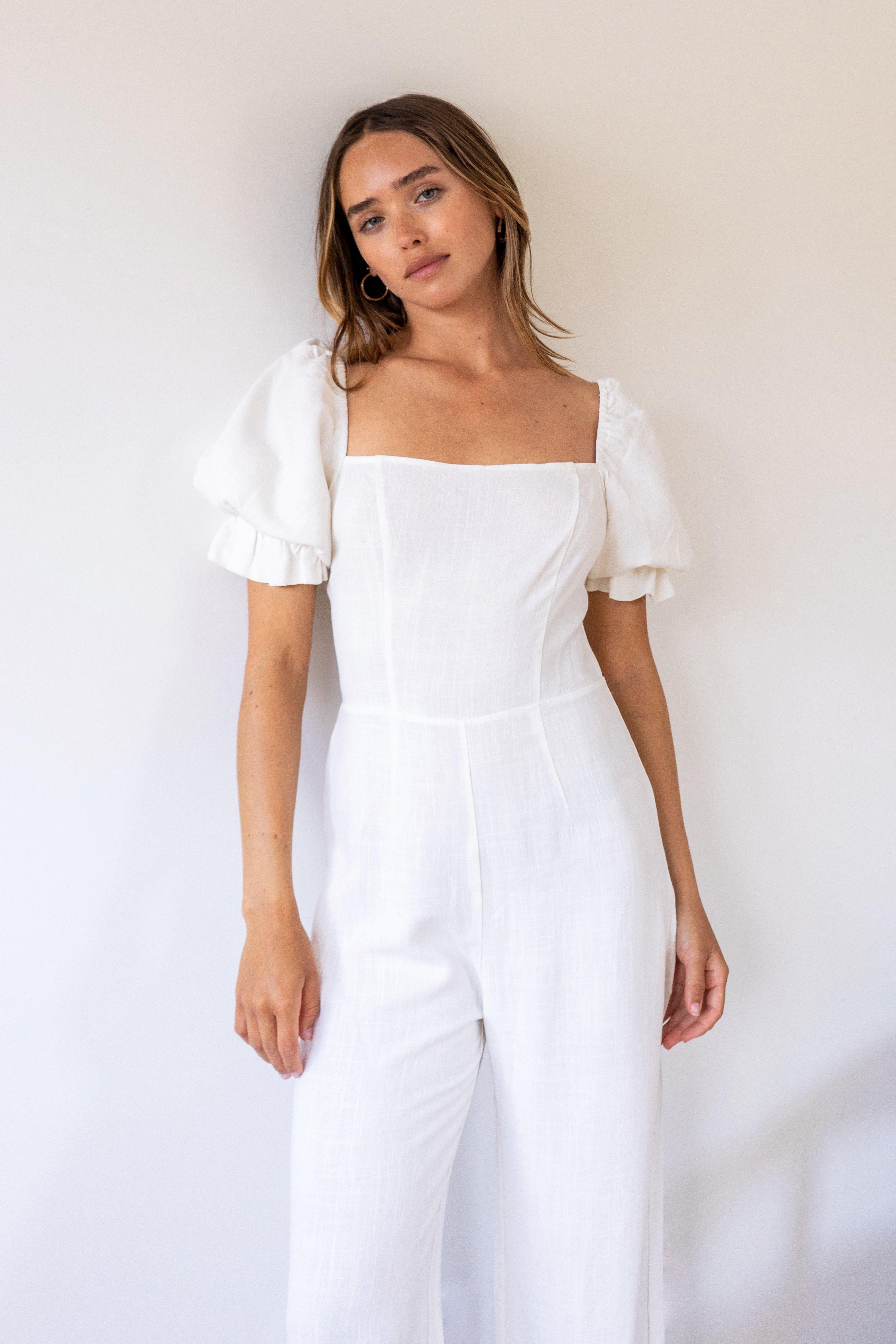 Linen Look Puff Sleeve Wide Leg Jumpsuit